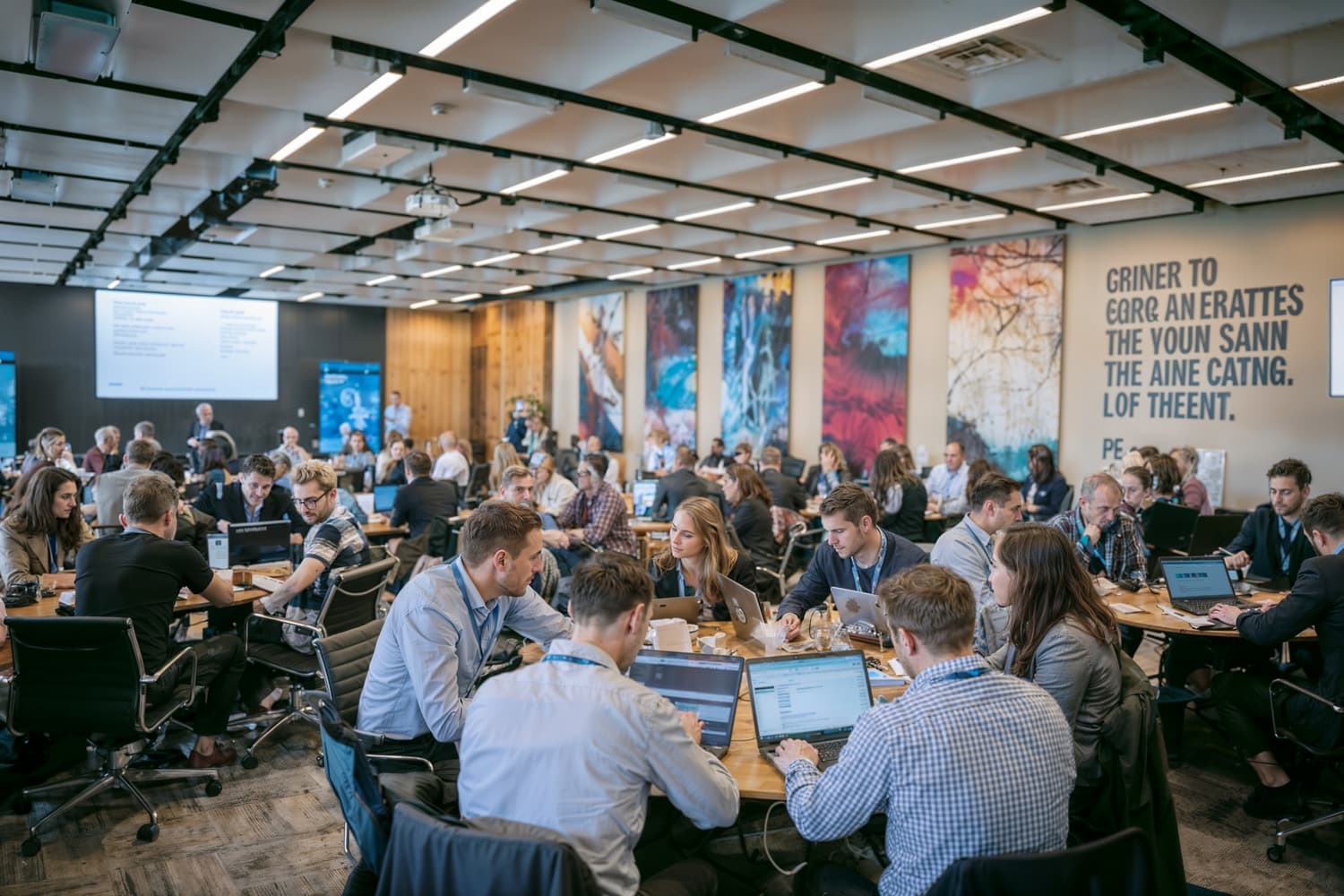 Colleagues working together at a company event in a modern office