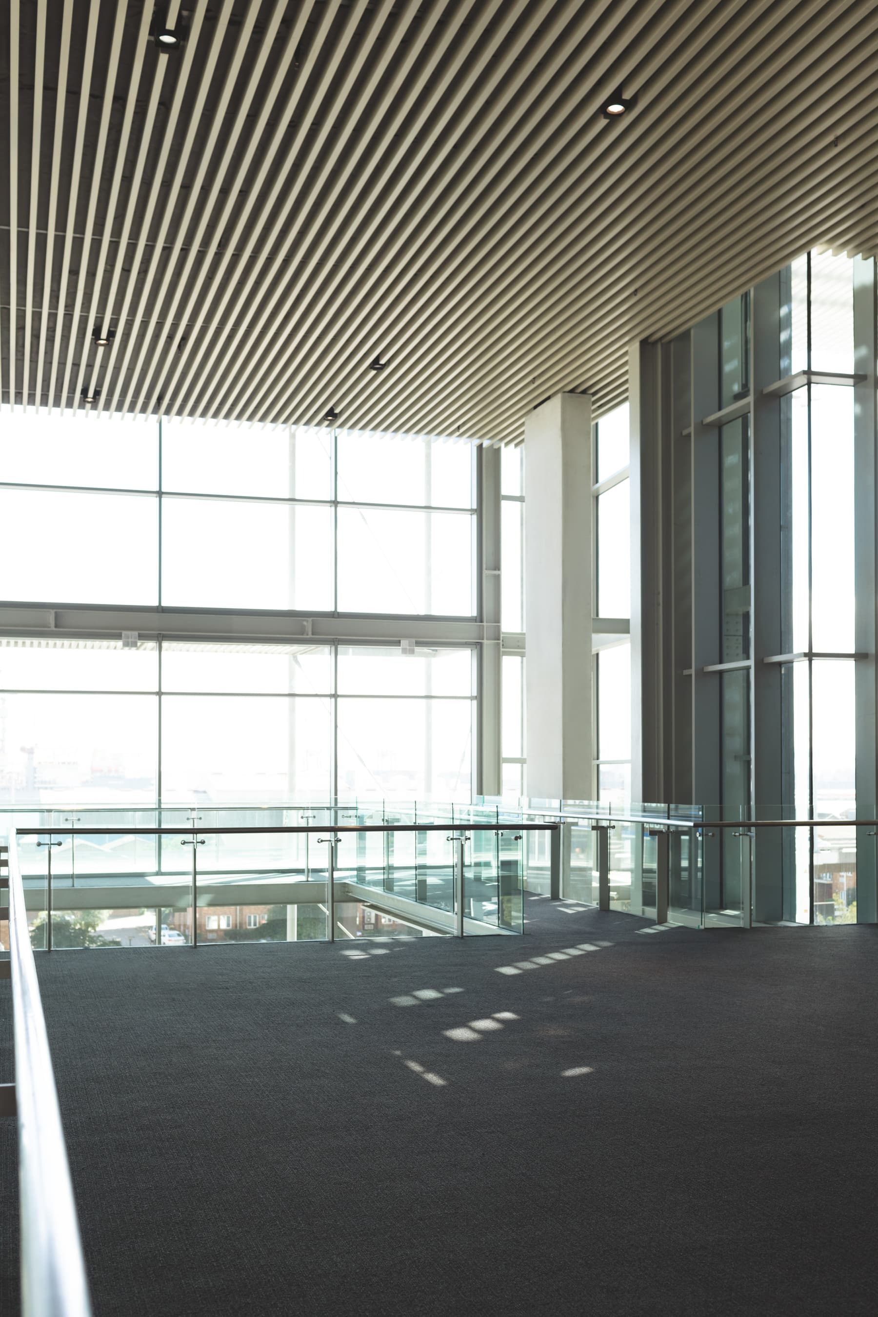 Empty balcony walkway in a commercial office building