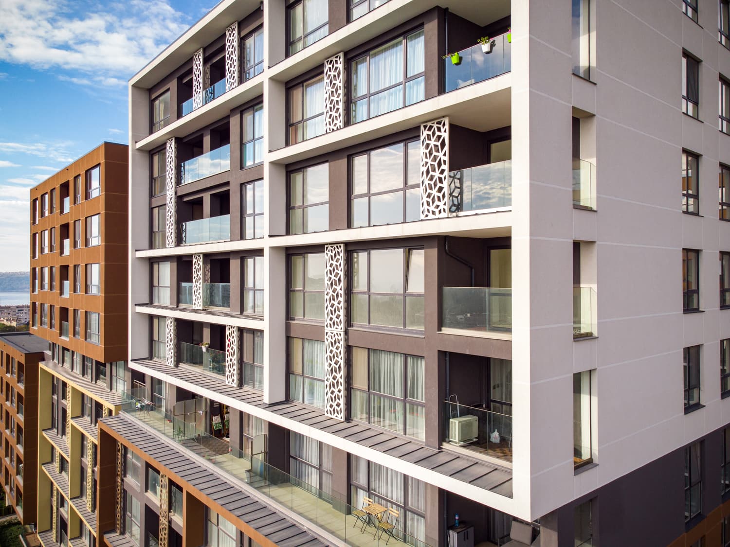 Modern apartment buildings with balconies in a residential development