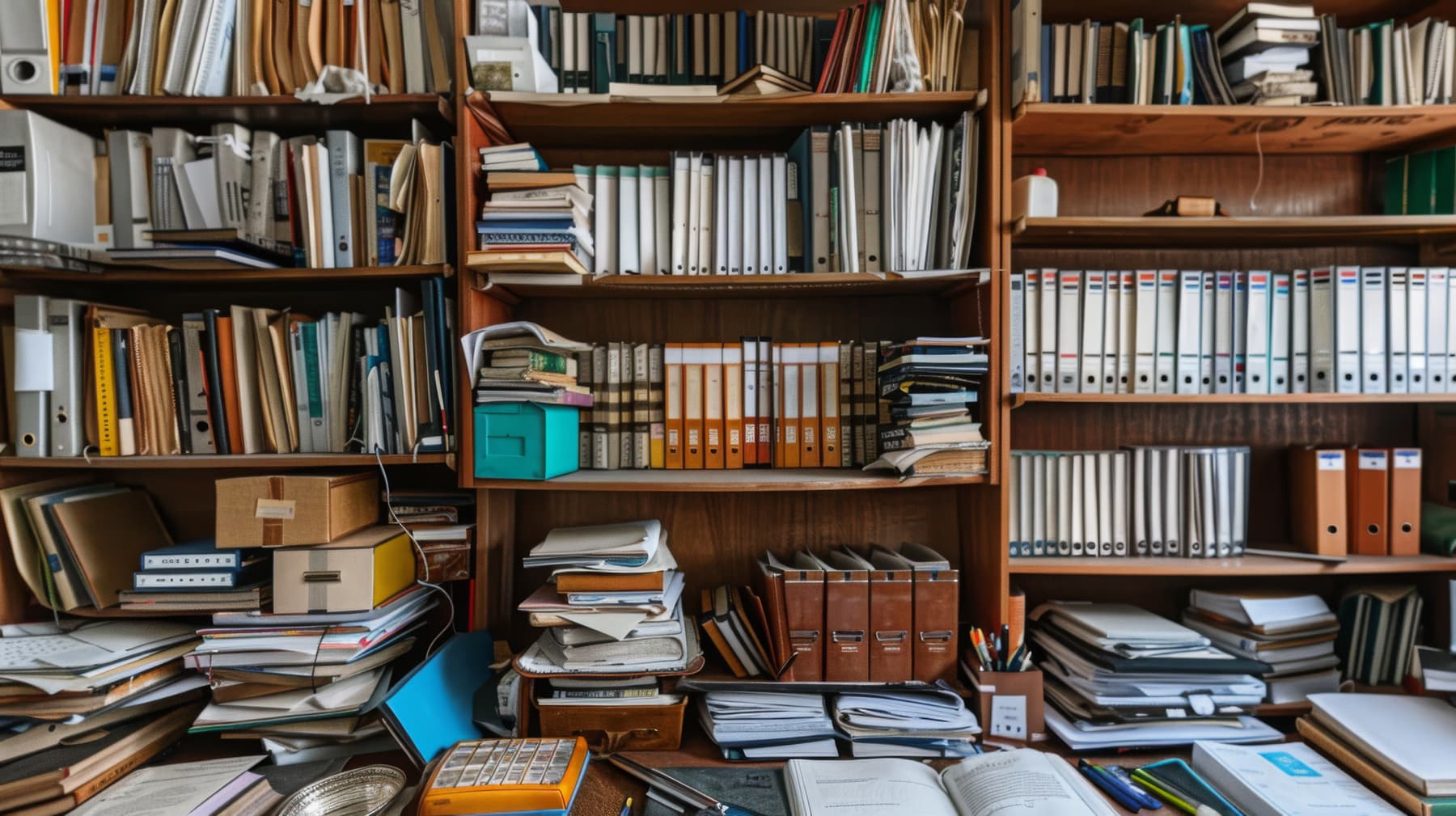 Crowded office shelving packed with box files, folders and stacked papers