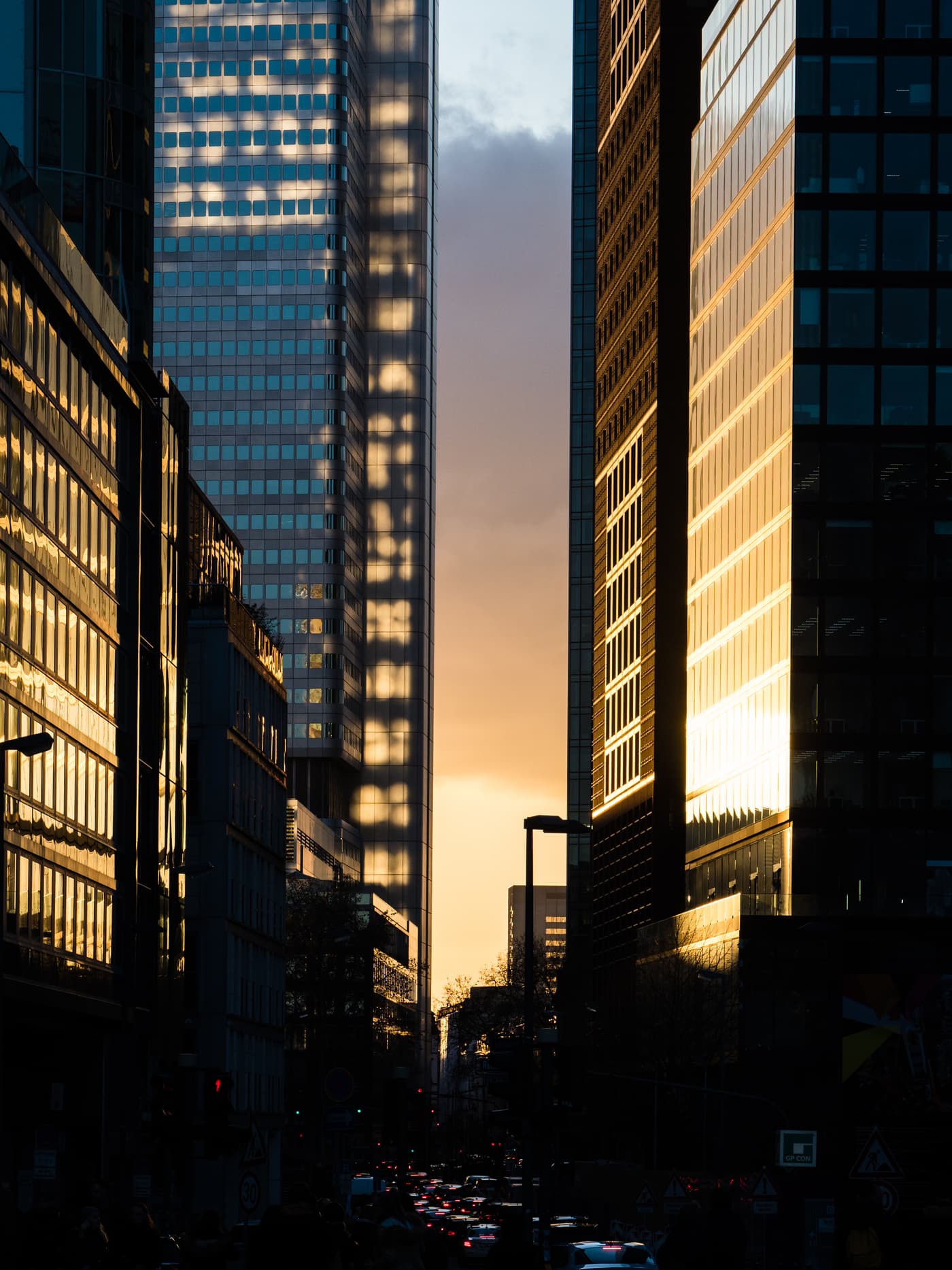 Evening sunlight reflecting off city skyscrapers